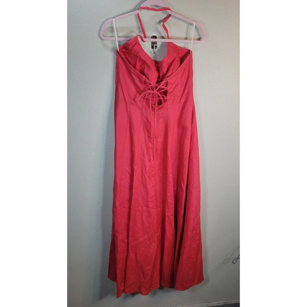 Karen Alexander Boston Proper Red Linen Halter Maxi‎ Dress Lace Back L - Picture 7 of 10